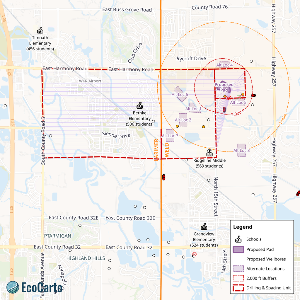 A map of the Century OGDP, showing the drilling and spacing unit, proposed wellbores, and alternative locations.