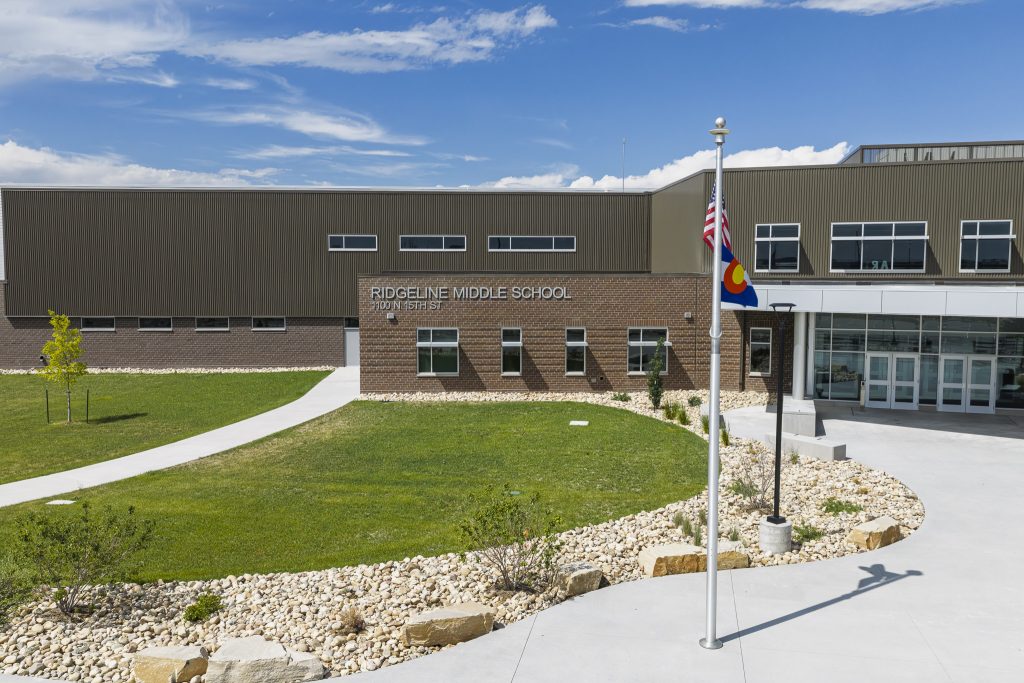 Schools A view of the exterior of Ridgeline Middle School in Windsor, Colorado